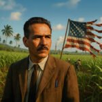 Man in suikerrietveld met gescheurde Amerikaanse vlag, symbool voor koloniale overheersing in Puerto Rico, verwijzend naar Los derrotados van César Andreu Iglesias.