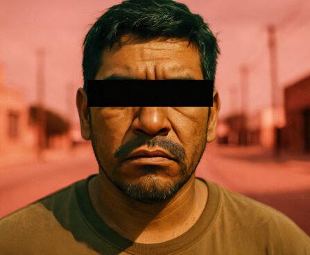 Close-up van een Texaanse Chicano-man met zwarte balk voor de ogen, symbool voor beschadigde identiteit door mediavalse beschuldigingen.