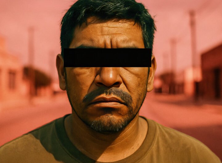 Close-up van een Texaanse Chicano-man met zwarte balk voor de ogen, symbool voor beschadigde identiteit door mediavalse beschuldigingen.