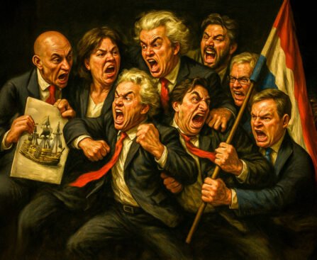 Groep schreeuwende politici symboliseert het conflict en de angstcultuur binnen de Nederlandse politiek.