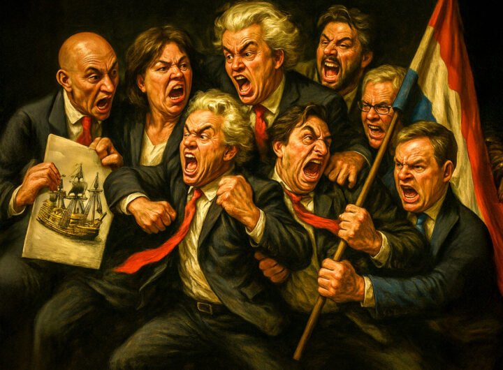 Groep schreeuwende politici symboliseert het conflict en de angstcultuur binnen de Nederlandse politiek.