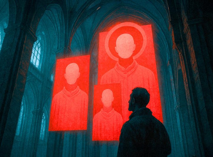 Man kijkt op naar rode iconen van anonieme figuren in een duistere kathedraal — visuele metafoor voor de ideologische structuur van radicaal-rechts als religieus systeem.