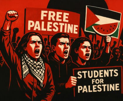 Illustratie van protesterende studenten met borden “Free Palestine” en “Students for Palestine”; beeld van solidariteit tegen repressie van internationale studenten in de VS.