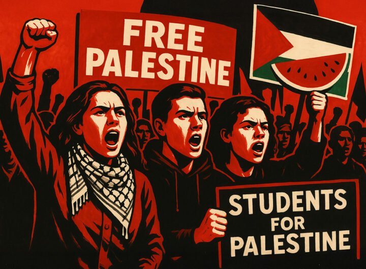 Illustratie van protesterende studenten met borden “Free Palestine” en “Students for Palestine”; beeld van solidariteit tegen repressie van internationale studenten in de VS.