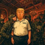 Donald Trump omringd door zwaarbewapende milities in een duister paleisachtig interieur, symboliseert de opkomst van extreemrechtse burgerwachten en militarisering van de grenspolitiek.