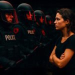 Vrouw staat vastberaden tegenover rij zwaarbewapende politieagenten als symbool van verzet tegen autoritaire onderdrukking van academische vrijheid