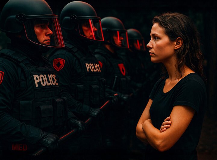 Vrouw staat vastberaden tegenover rij zwaarbewapende politieagenten als symbool van verzet tegen autoritaire onderdrukking van academische vrijheid