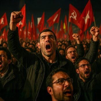 Turkse demonstranten roepen en heffen vuisten tijdens protest voor democratie tegen Erdoğan’s regime