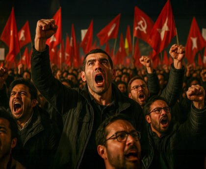 Turkse demonstranten roepen en heffen vuisten tijdens protest voor democratie tegen Erdoğan’s regime