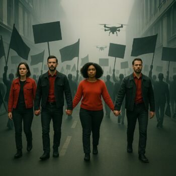 Vier mensen in rode kleding lopen hand in hand door een grijze menigte met lege vlaggen, onder toezicht van drones, als symbool voor collectieve verantwoordelijkheid en verzet tegen onderdrukking