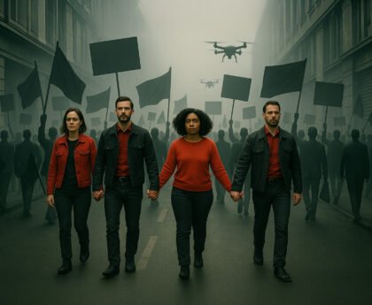 Vier mensen in rode kleding lopen hand in hand door een grijze menigte met lege vlaggen, onder toezicht van drones, als symbool voor collectieve verantwoordelijkheid en verzet tegen onderdrukking