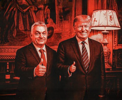 Viktor Orbán en Donald Trump geven duim omhoog tijdens ontmoeting, symbool voor opkomst autoritaire leiders binnen radicaal-rechts