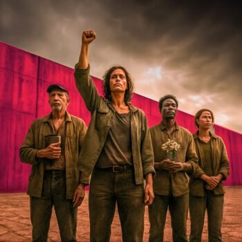 Vier mensen staan vastberaden voor een hoge muur, symbolen van solidariteit en vrijheid onder een dramatische lucht.