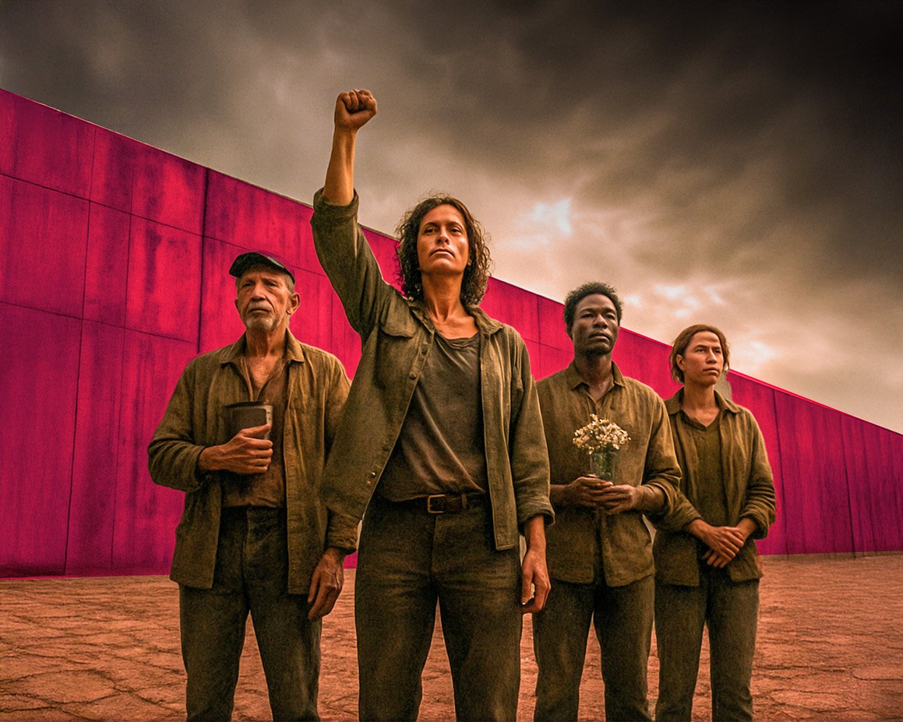 Vier mensen staan vastberaden voor een hoge muur, symbolen van solidariteit en vrijheid onder een dramatische lucht.