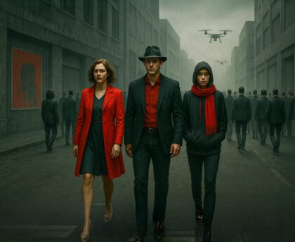 Drie mensen in rode kleding lopen tegen een uniforme massa in, onder toezicht van drones, als symbool voor verzet tegen een autoritair éénpartijsysteem