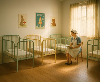 Zuster in uniform leest in een lege kinderkamer met lege bedjes, symbolisch voor dalende geboortecijfers en maatschappelijke druk op vrouwen om meer kinderen te krijgen.