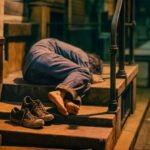 Persoon ligt zonder schoenen op een stenen trap voor een woning, als beeld van bestaansonzekerheid en de gevolgen van de wooncrisis.