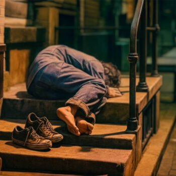 Persoon ligt zonder schoenen op een stenen trap voor een woning, als beeld van bestaansonzekerheid en de gevolgen van de wooncrisis.