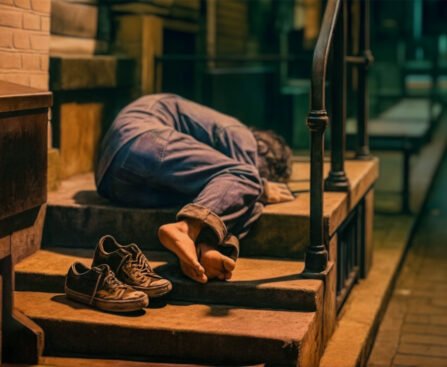 Persoon ligt zonder schoenen op een stenen trap voor een woning, als beeld van bestaansonzekerheid en de gevolgen van de wooncrisis.