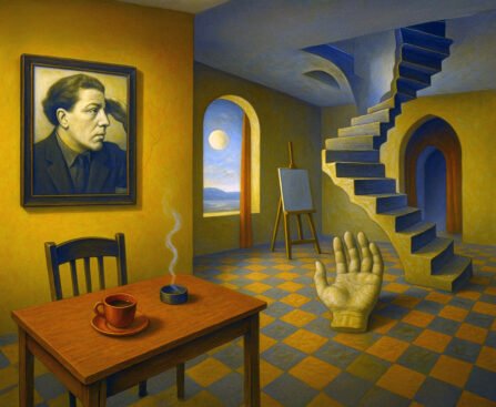 Portret van André Breton aan de muur in een surrealistisch interieur met lege trap, schildersezel en koffie op tafel