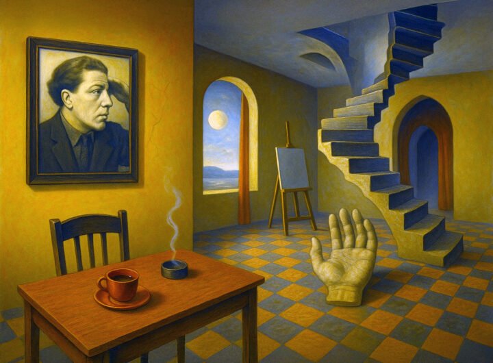 Portret van André Breton aan de muur in een surrealistisch interieur met lege trap, schildersezel en koffie op tafel