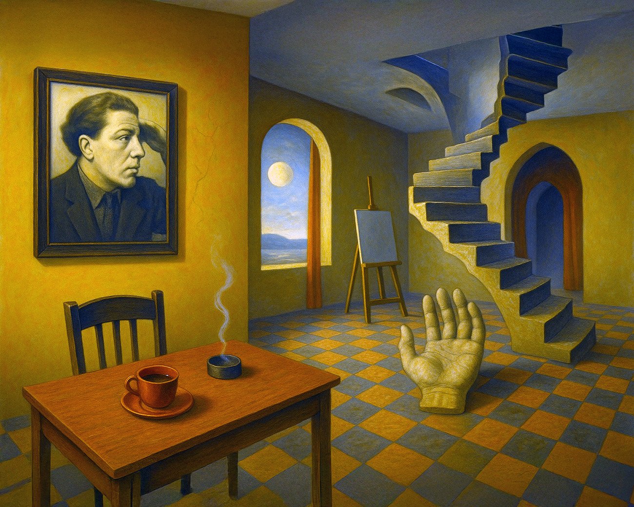 Portret van André Breton aan de muur in een surrealistisch interieur met lege trap, schildersezel en koffie op tafel