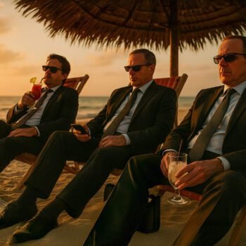 Drie zakenmannen in pak ontspannen op strandstoelen onder een parasol met cocktails in de hand