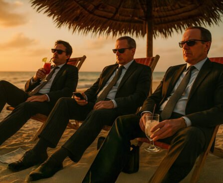 Drie zakenmannen in pak ontspannen op strandstoelen onder een parasol met cocktails in de hand