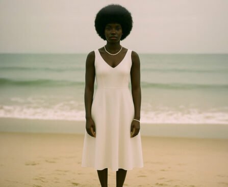 Vrouw in witte jurk aan het strand, symboliseert de zoektocht naar identiteit en de impact van koloniale geschiedenis.