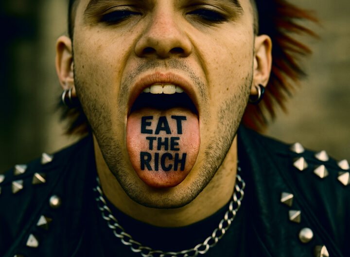 Close-up van een punker met een opengesperde mond en de tekst “EAT THE RICH” op zijn tong, als visueel statement tegen economische ongelijkheid en elite-macht.