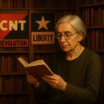 Etta Federn lezend in bibliotheek met posters over revolutie en vrijheid op de achtergrond