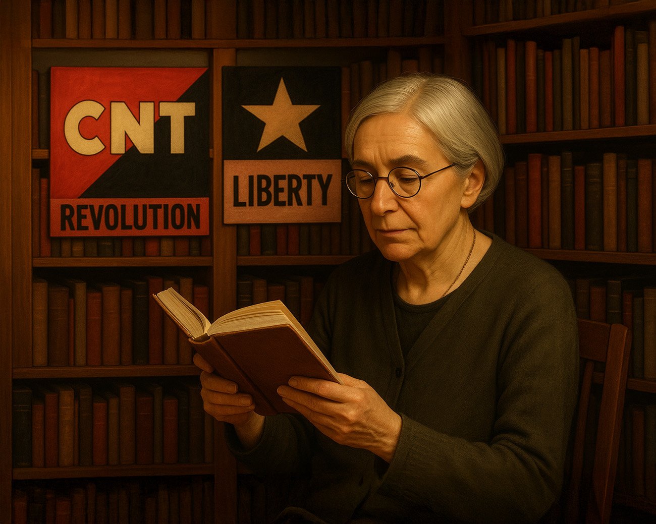Etta Federn lezend in bibliotheek met posters over revolutie en vrijheid op de achtergrond