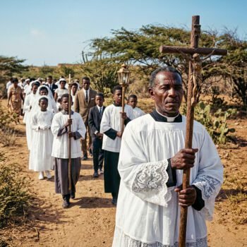 Optocht voor de heilige communie op de Benedenwindse eilanden met mannen, vrouwen en kinderen in witte kleding in een droog landschap