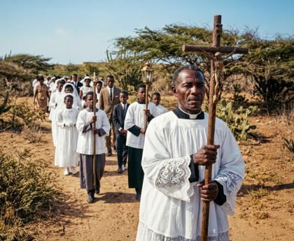 Optocht voor de heilige communie op de Benedenwindse eilanden met mannen, vrouwen en kinderen in witte kleding in een droog landschap