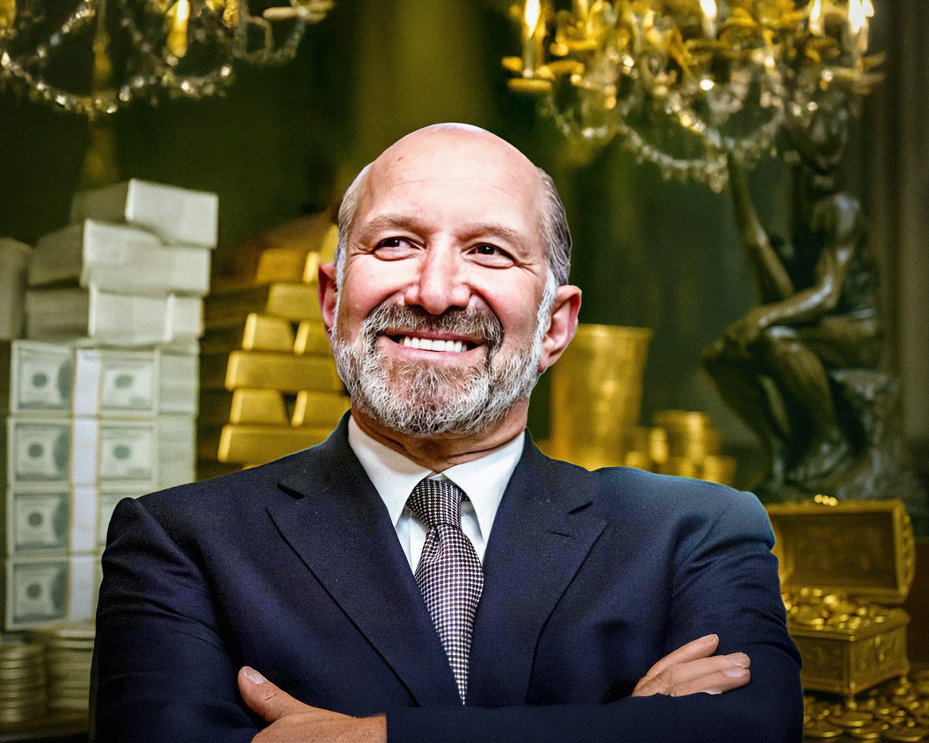 Howard Lutnik glimlacht zelfverzekerd voor een achtergrond vol geld en goudstaven