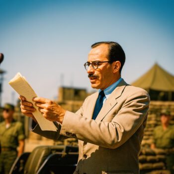 Menahem Begin spreekt Irgun-strijders toe in Jeruzalem tijdens de zionistische opstand