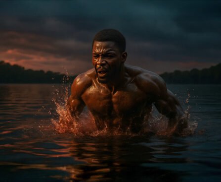 Afro-Amerikaanse man breekt krachtig uit het water als metafoor voor bevrijding en verzet tegen onderdrukking