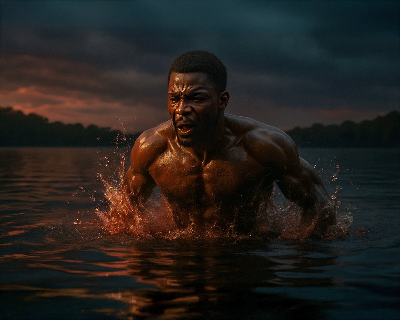 Afro-Amerikaanse man breekt krachtig uit het water als metafoor voor bevrijding en verzet tegen onderdrukking