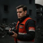 Beeld van een journalist met persvest en camera, staand in een verwoeste stad, symbool voor onderdrukte persvrijheid in conflictgebieden.