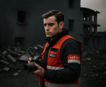 Beeld van een journalist met persvest en camera, staand in een verwoeste stad, symbool voor onderdrukte persvrijheid in conflictgebieden.
