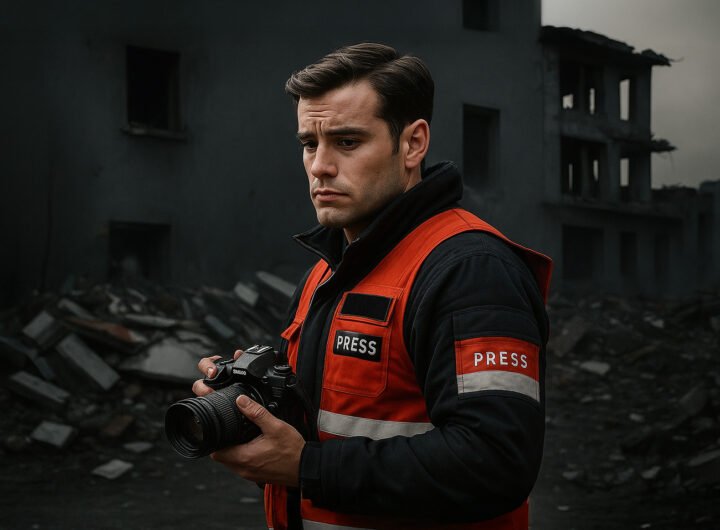 Beeld van een journalist met persvest en camera, staand in een verwoeste stad, symbool voor onderdrukte persvrijheid in conflictgebieden.