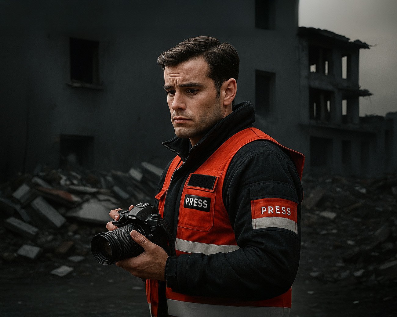Beeld van een journalist met persvest en camera, staand in een verwoeste stad, symbool voor onderdrukte persvrijheid in conflictgebieden.