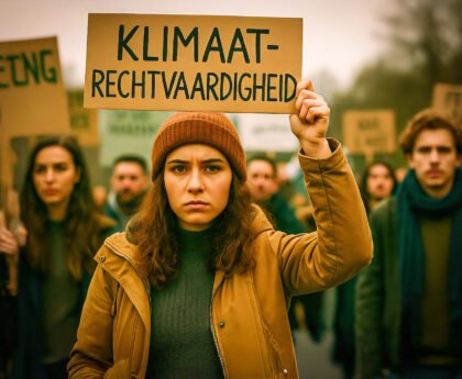 Vrouw houdt bord omhoog met het woord klimaatrechtvaardigheid tijdens protest