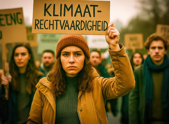 Vrouw houdt bord omhoog met het woord klimaatrechtvaardigheid tijdens protest