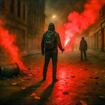 Demonstranten met fakkels in rood en zwart licht tijdens nachtelijk straatprotest, symbool voor verzet en censuur van artiesten als Kneecap