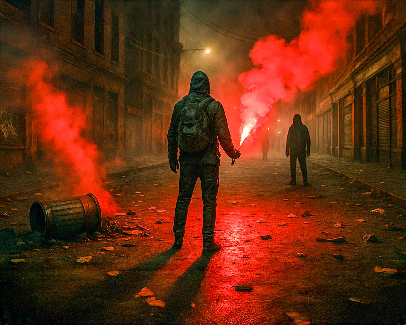 Demonstranten met fakkels in rood en zwart licht tijdens nachtelijk straatprotest, symbool voor verzet en censuur van artiesten als Kneecap