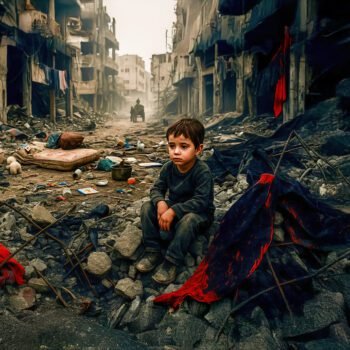 Palestijns kind zit tussen puin en verwoeste gebouwen in Gaza na een bombardement