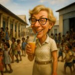 Karikaturale afbeelding van een oudere witte vrouw met bril die sap drinkt tussen Antilliaanse schoolkinderen op een schoolplein