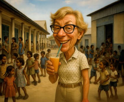 Karikaturale afbeelding van een oudere witte vrouw met bril die sap drinkt tussen Antilliaanse schoolkinderen op een schoolplein