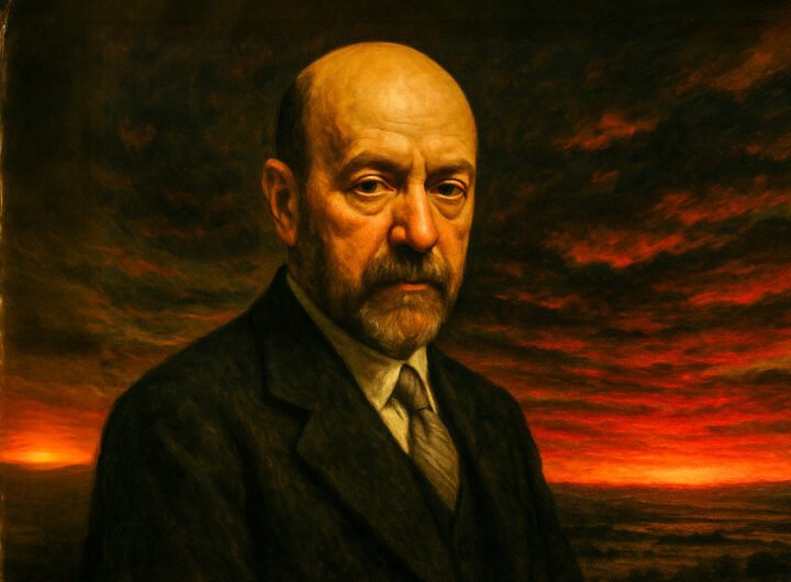 Een krachtig portret van Pío Baroja met een ernstige blik tegen een dramatische avondlucht.